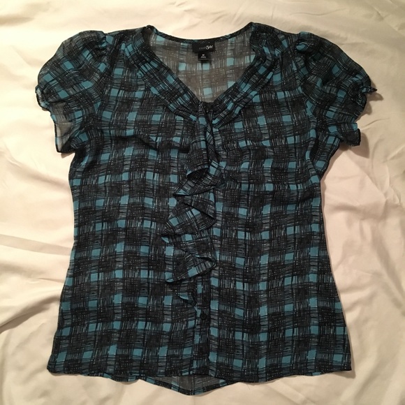 🐞 Sheer Plaid Work Blouse With Ruffle Detail - Picture 4 of 6